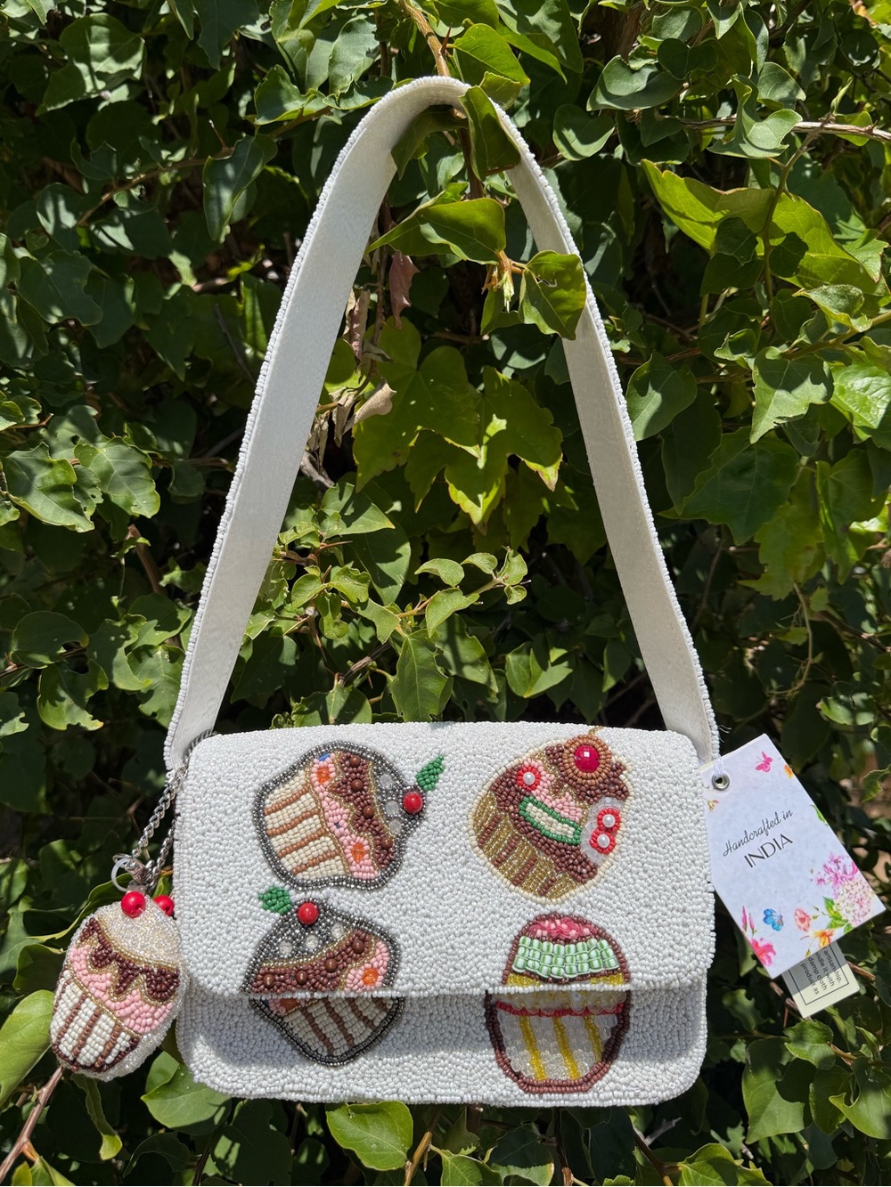 NWT Made in India Cupcakes Dessert Beaded Shoulder Bag with Cupcake Bag Charm